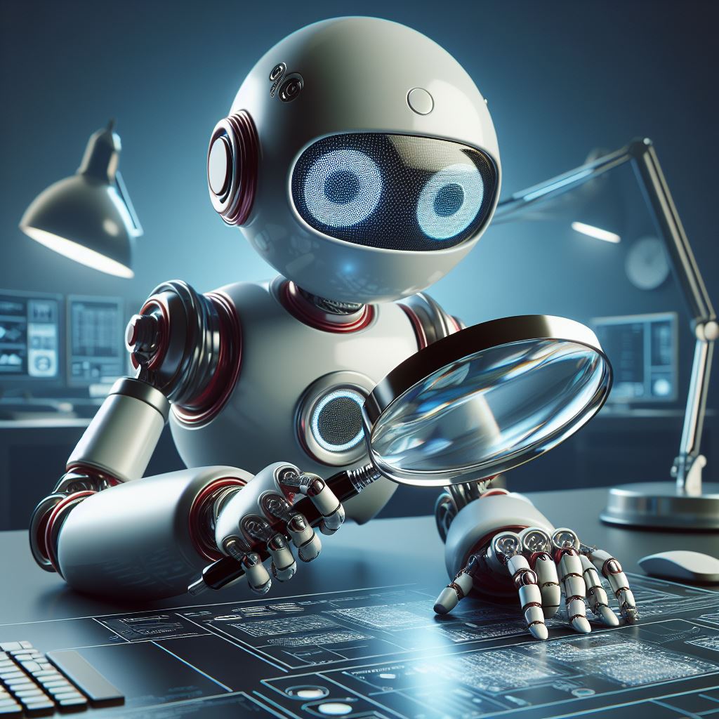 Roboter mit Lupe durchsucht das Internet